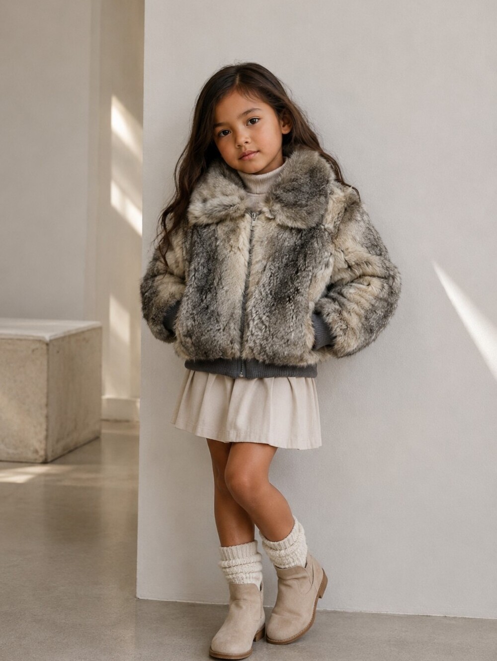 Vintage Kids Fur Collar Bomber Jacket Grey Cropped Winter Coat Girls Size 6